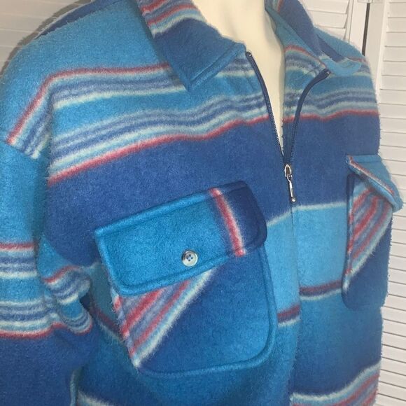 Vintage 80’s 90’s Oversized Blue Striped Zip Up Fleece Jacket Medium - Picture 6 of 14